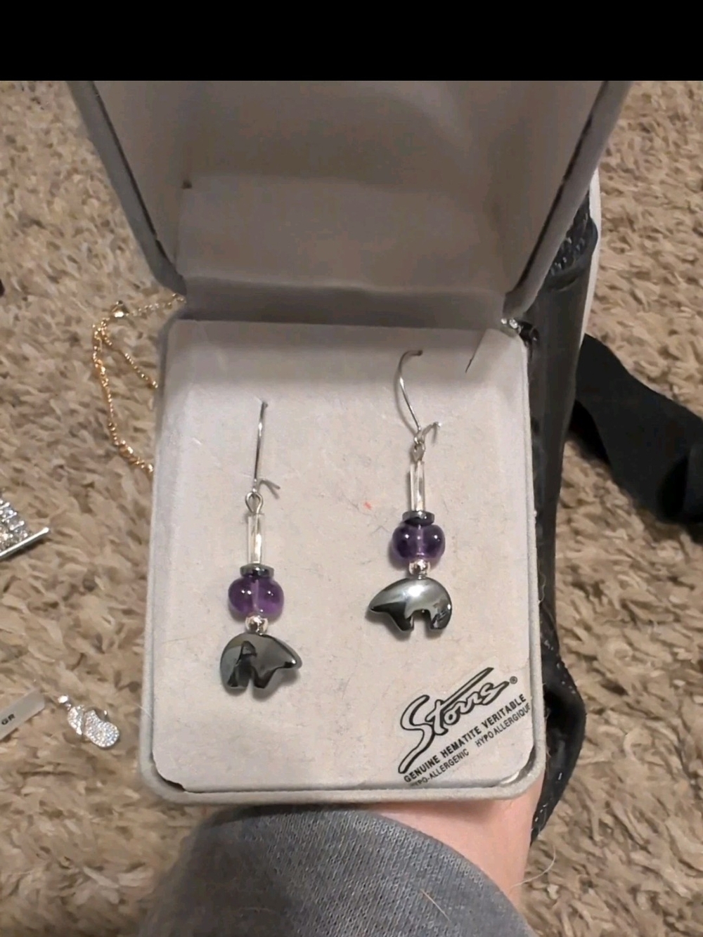 Purple Bead Hematite Bear Drop Earrings